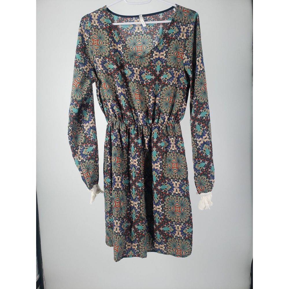 SAGE Dress Geometric Peacock Design Sz SMALL Scoop Neck Long Sleeve Flutter Cuff